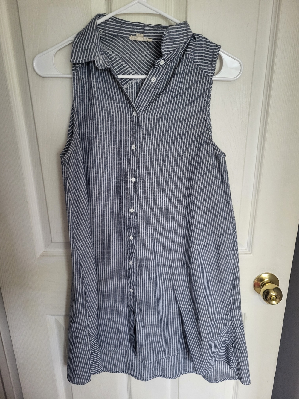 Jella C Grayish Navy and White Sleeveless Striped Button-Front Dress